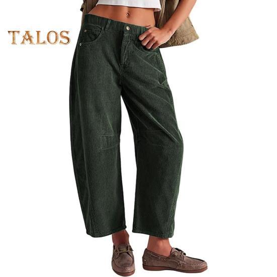 

Женские вельветовые брюки с эластичной талией, средней посадкой, застежкой-молнией на пуговицы, широкие повседневные брюки с карманами, однотонные брюки M темно-зеленого