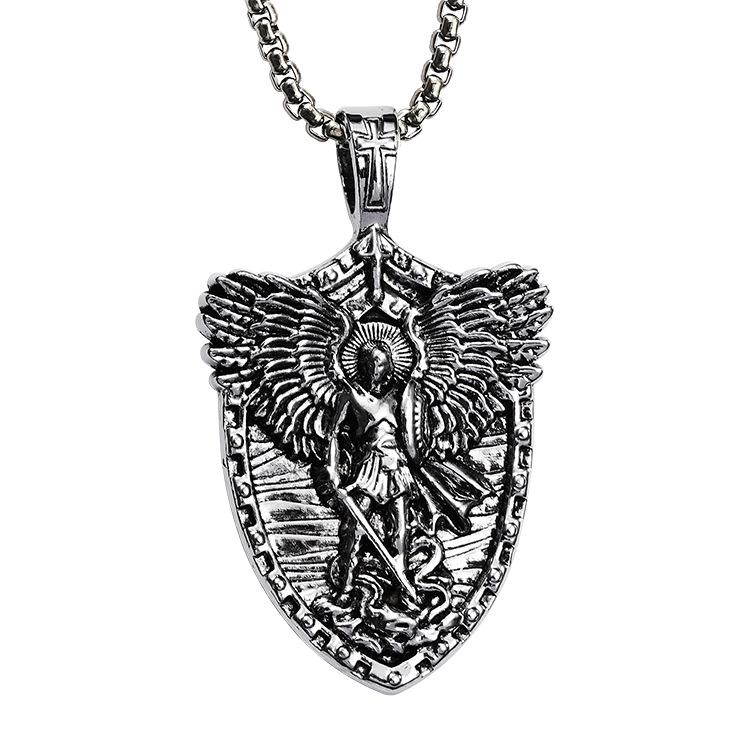 Saint Michael Men's Vintage Shield Titanium Steel Angel Ornament Pendant Necklace