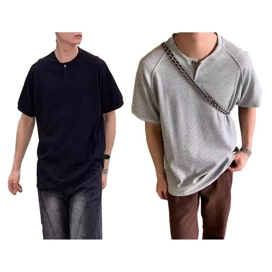 Men Shirt Round Neck Buttons Half Placket Short Sleeve Loose Fit Tops Waffle Texture Casual Tee Shirt Home Gym Streetwear