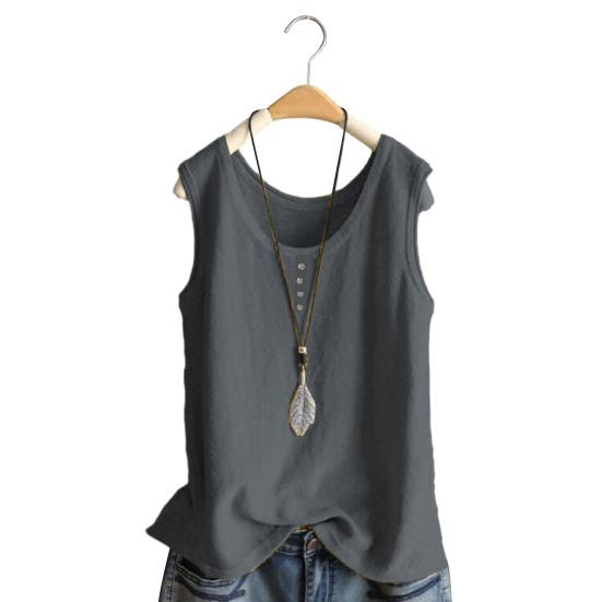 Women Vest Round Neck Buttons Decor Sleeveless Tank Tops Solid Color Loose Fit Thin Summer Tops Daily Wear