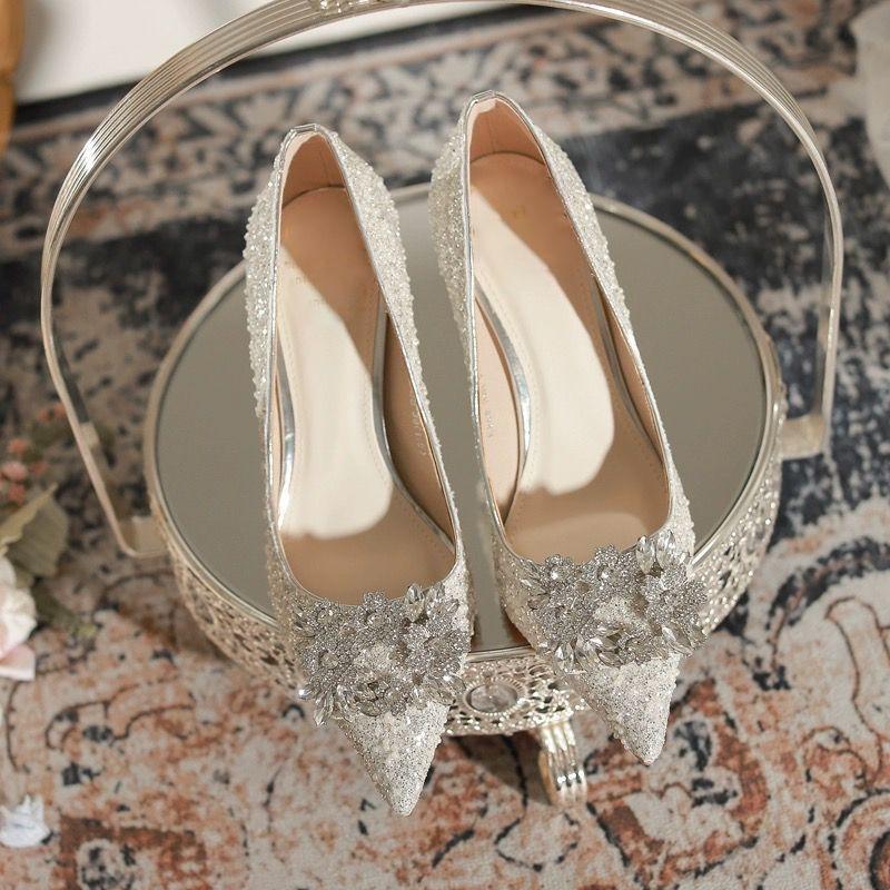 Main Wedding Dress Silver Bridal Wedding Shoes New Stiletto Sequins Engagement Not Tired Feet Crystal Shoes High Heels Rhinestones