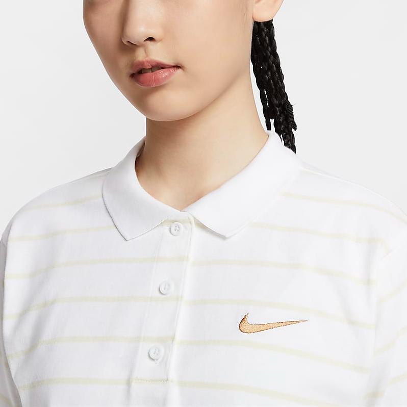 Nike Sportswear Logo Embroidered Striped Pattern Polo Neck Short Sleeve Drop Shoulder T-Shirt Women T-Shirts White HM4649-100