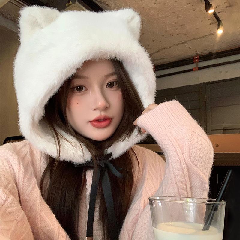 Cute Cat Ears Plush Hat for Women In Autumn and Winter White Thickened Cold Proof and Warm Big Head Circumference Ear Protecting Lei Feng Hat