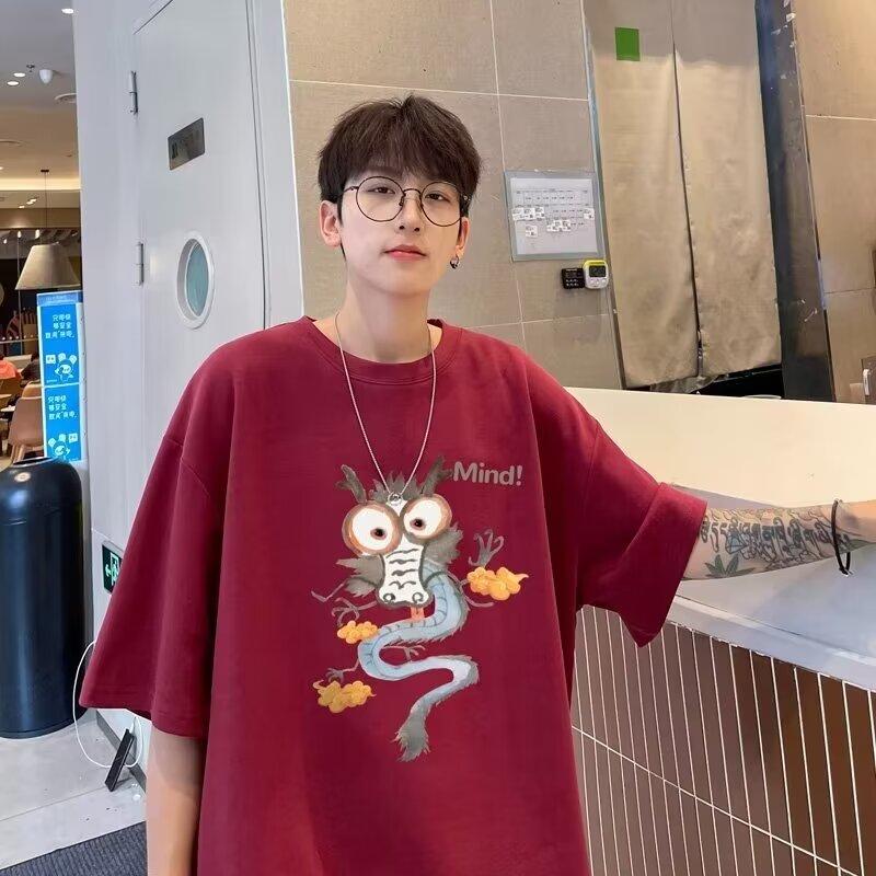 Men'S Trendy Letter Round Neck Printed Short Sleeved T-Shirt For Summer Ins Loose Casual Top