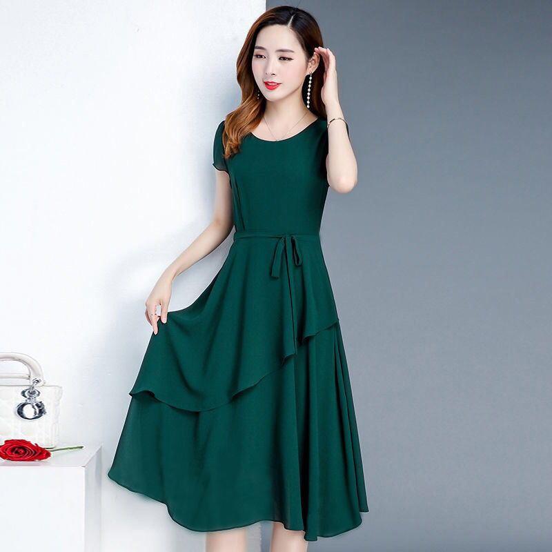 Women's Summer A‑Line Dress Short Sleeve Solid Color Midi Dress With Tie Waist Korean Slim Casual Dress