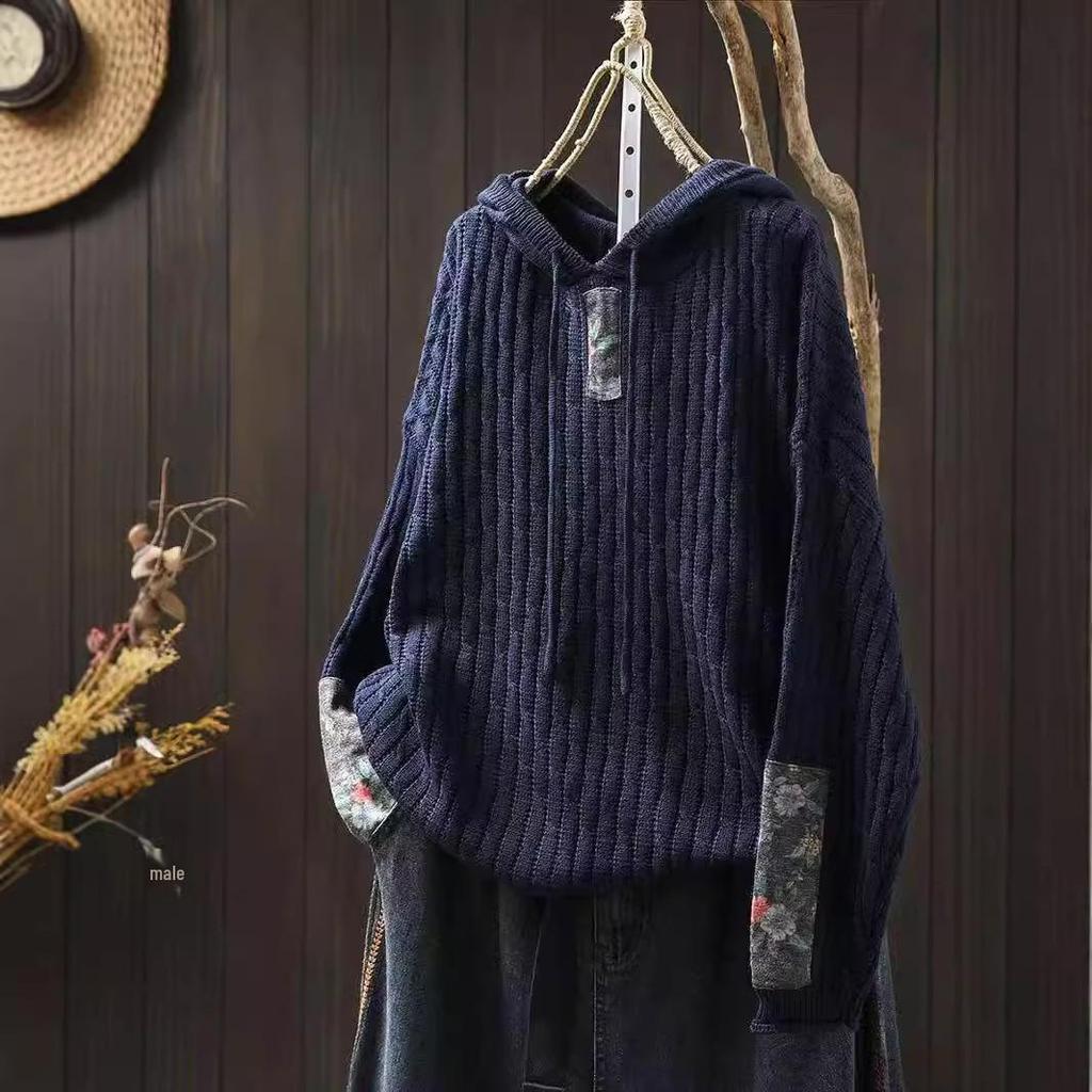 Bojiafan Ethnic Style Appliquéd Cotton Drawstring Hoodie - Women's Loose Plus Size Retro Knit Sweater