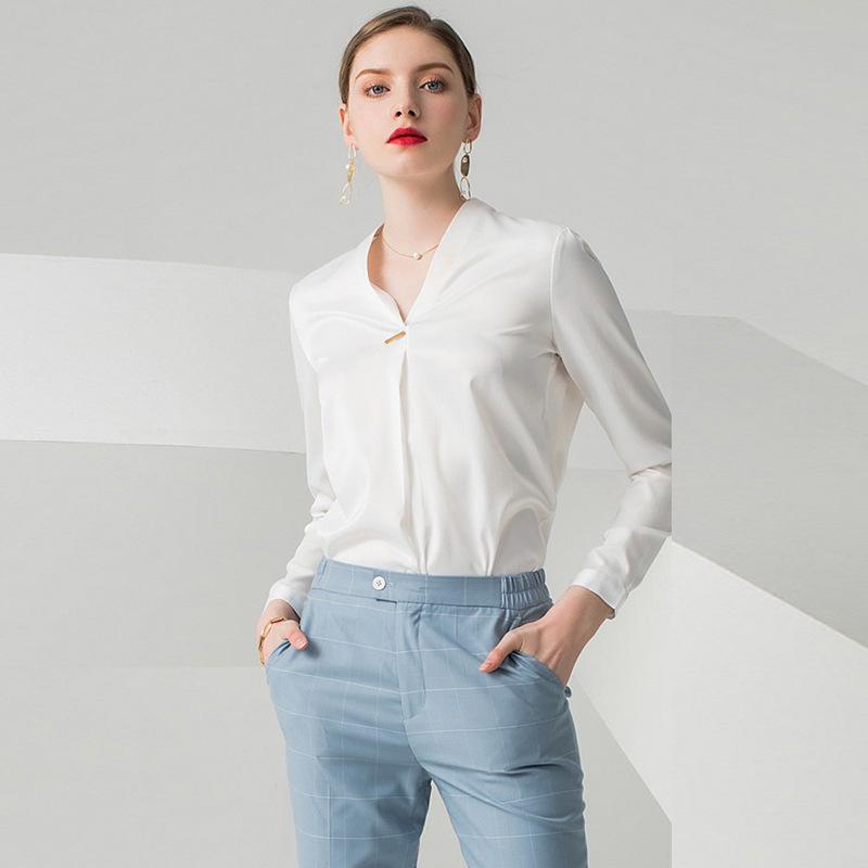 Elegant V-neck Long-Sleeve White Shirt for Women - Chic and Professional Style