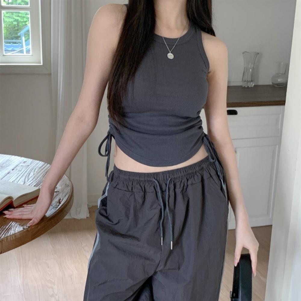 New Arrivals Open Run Side Shirring Ribbon Tie Ballet Core Mango Sleeveless Crop