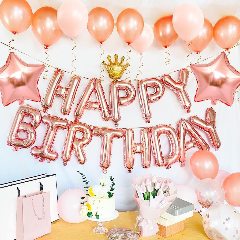 Iysoll Birthday Balloon Decoration Set Happy Birthday Garland Confetti Balloons Double-sided Tape Ribbon Pink Rose Gold