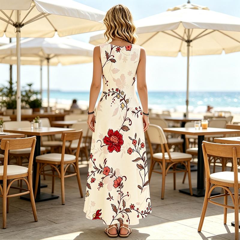 Women's Sleeveless Vintage Floral Maxi Dress,Lightweight Flowy Summer Long Dress,Elegant Versatile Outfit for Picnics,Casual Gatherings & Daily Wear