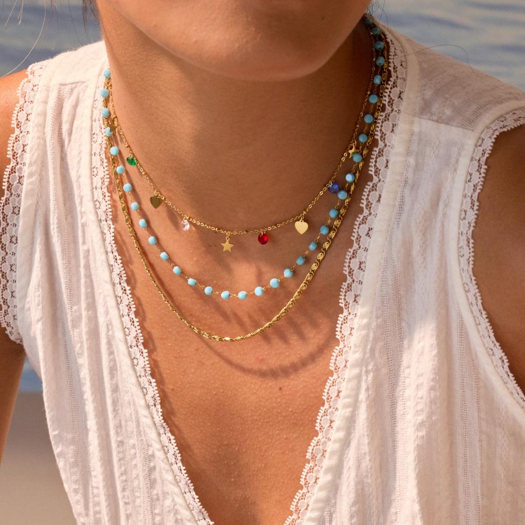 GEMCHIC Women's 18K Gold Plated Stainless Steel Layered Necklace Colorful Beads Starfish Pendant Summer Beach Clavicle Chain