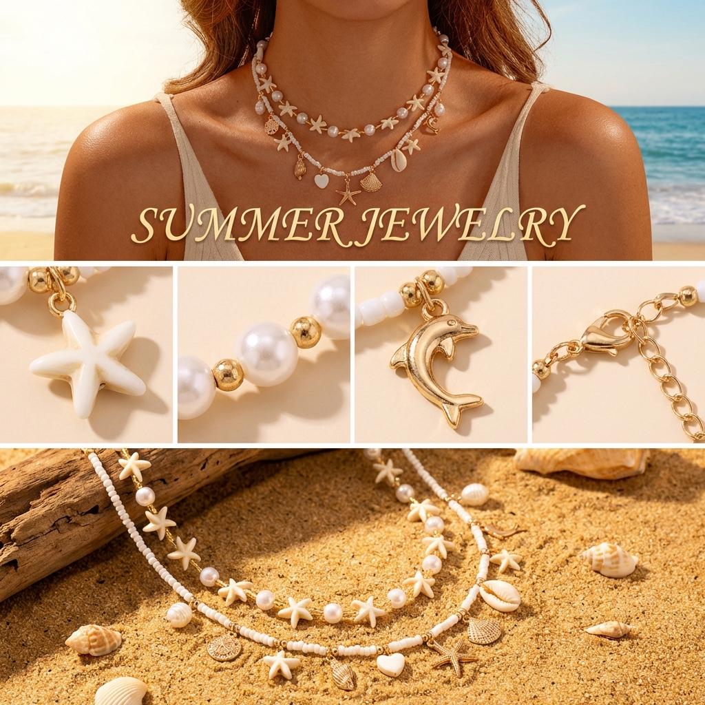 Boho Multilayer Shell Starfish Pendant Necklace Handmade Imitation Pearl Beaded Choker for Women Beach Party Jewelry Gift