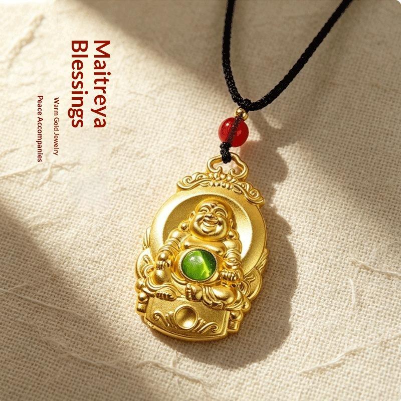 Zinc Alloy Pendant Necklace Auspicious Cloud Decor Border Laughing Monk Statue Charm Jewelry For Daily Wear Gift