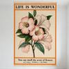 Vintage 'Life Is Wonderful' Metal Tin Sign with Pink White Flowers Illustration, Retro Orange Border Wall Decor for Bar Home Caf