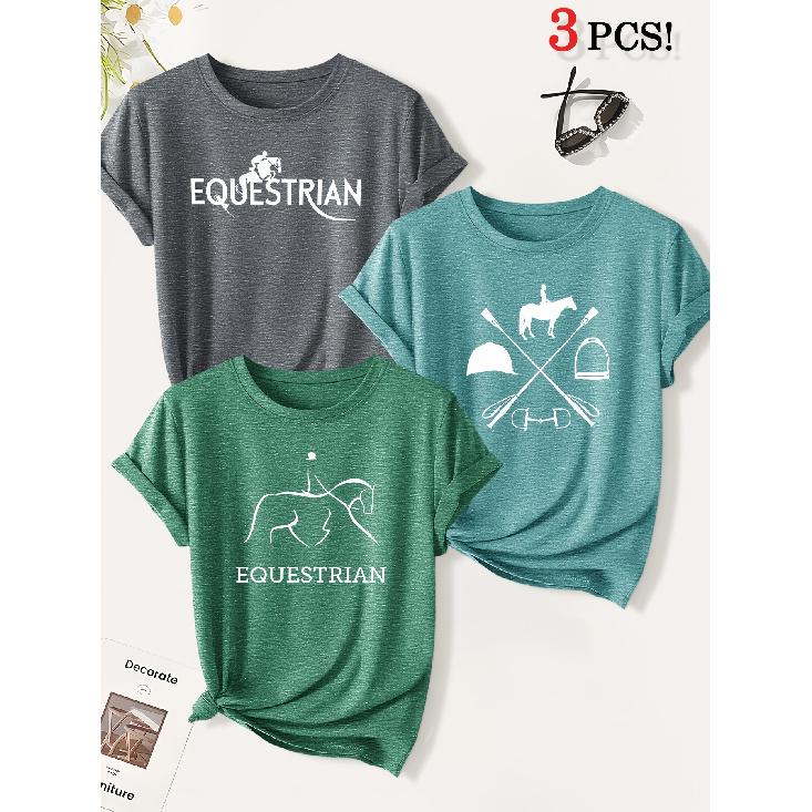 3 Equestrian-themed printed fashion retro-style women's short-sleeve suit Versatile for daily commuting and casual wear in spring and summer T Shirt