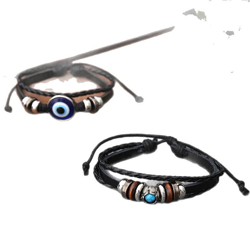 Unisex Cross-Border Personality Bracelet Set: Adjustable Alloy, Woven Waxed Cord, Leather Bangles with Eye Design