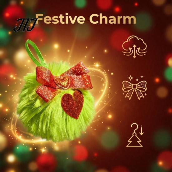 Faux Rabbit Fur Hanging Decor Pom Poms Christmas Ornaments, 2.3 Inch Soft Fluffy Green Ball Lightweight Party Favors Decoration with Glitter