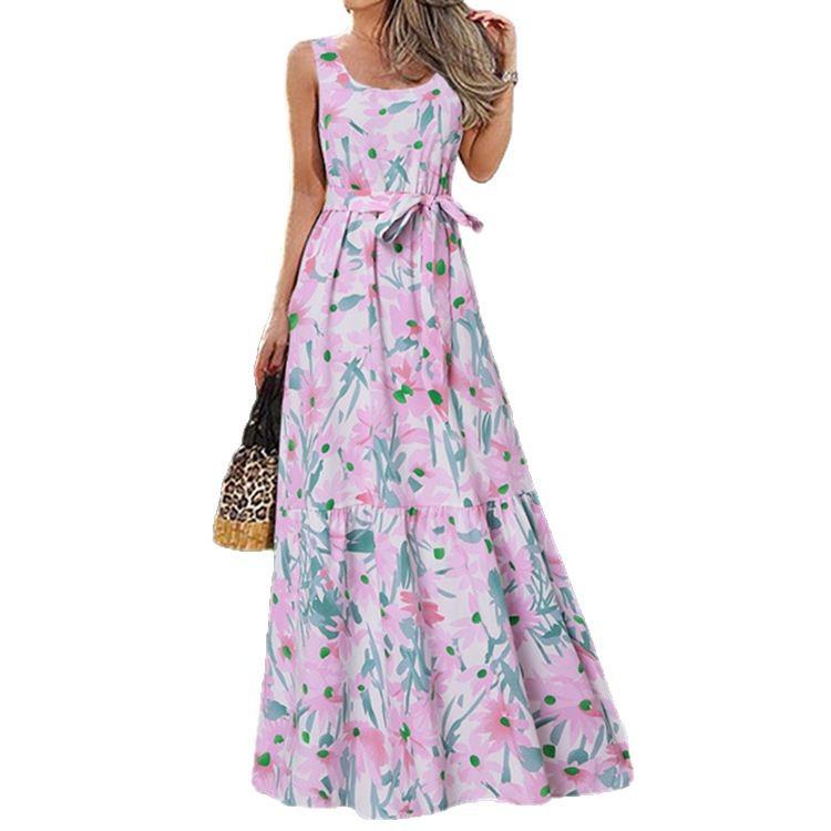 Summer Print Casual Long Dress with Belt, European & American Style