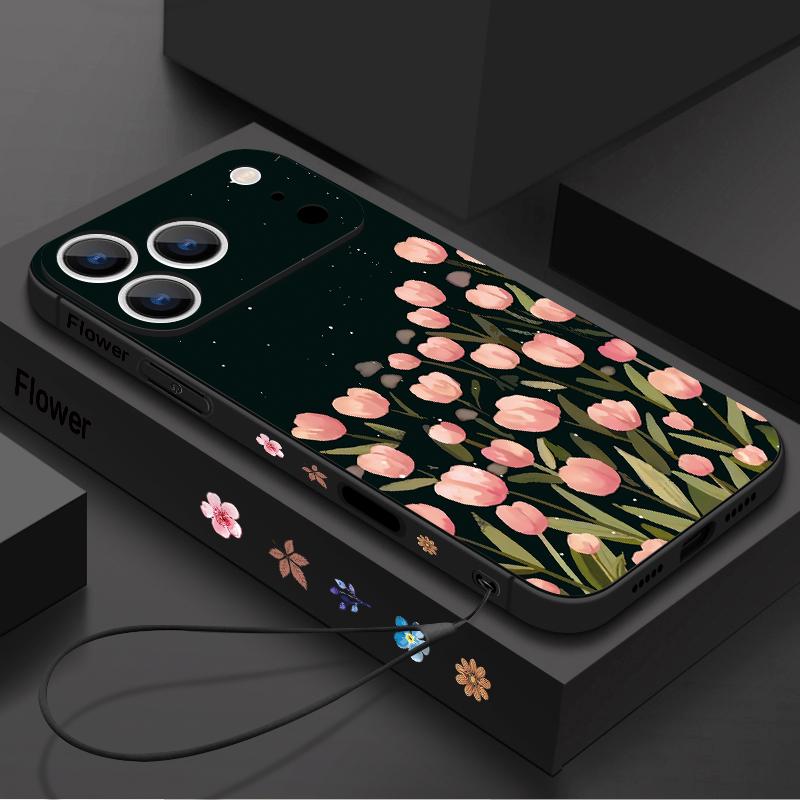 Wrist Strap Lanyard TPU Phone Case For iPhone 17 16 15 Pro Max 13 14 Pro Max 17e 16e 11 Black Rose Pattern Soft Silicone Cover