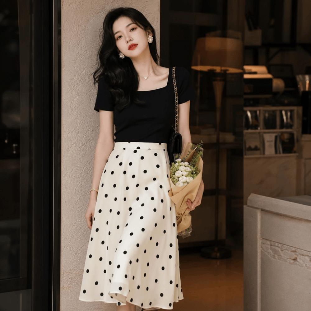 Splicing Design A-Line Skirt Slim Fit Half-length Dress Elegant Polka Dot Skirt Wedding Guest