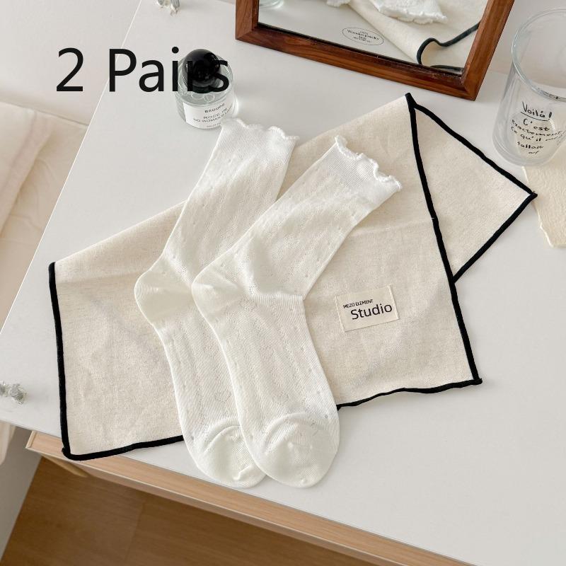 2 Pairs Mesh Breathable White Pile Socks with Lace Trim and Openwork Design, Lightweight and Sweet Mid-calf Length Socks