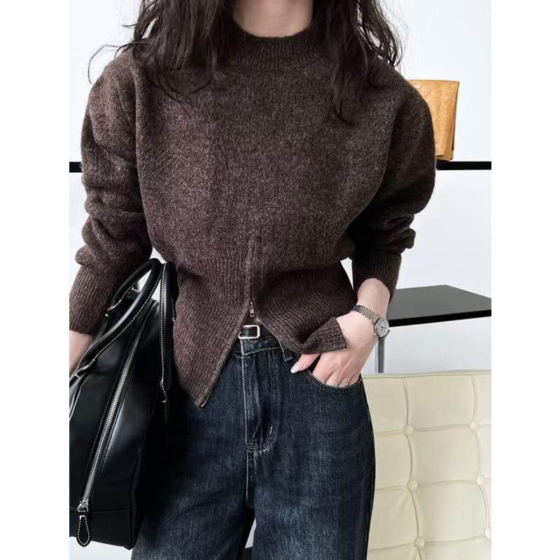 Autumn Round Neck Zipper Design Long Sleeved Knitted Sweater Loose Solid Color Casual Fashion Office Pullover Women Sweaters Female Clothing