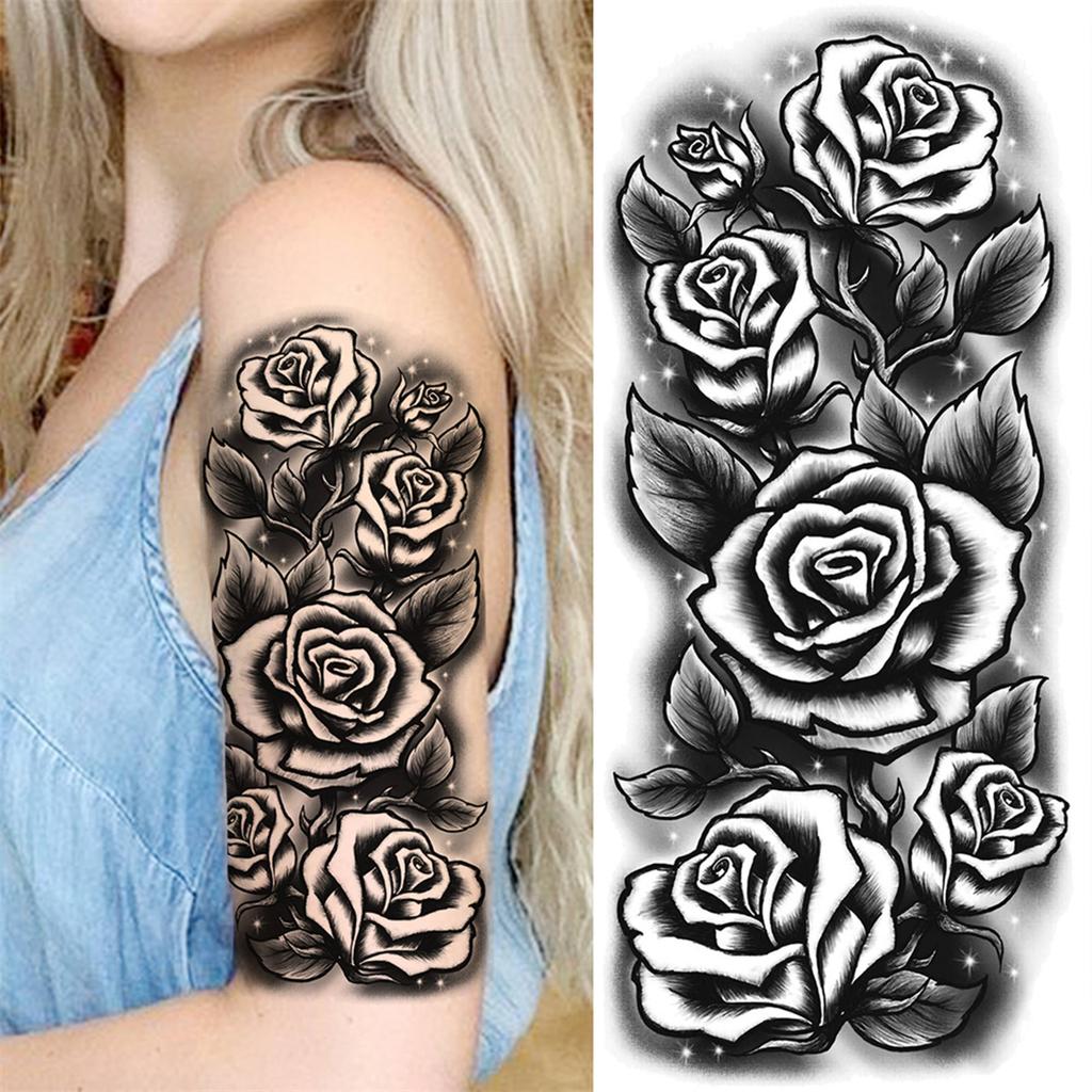 1 Sheet Black Flower Temporary Tattoos For Women Girls Realistic Fake Flora Floral Peony Tattoo Sticker Body Art Painting Decal
