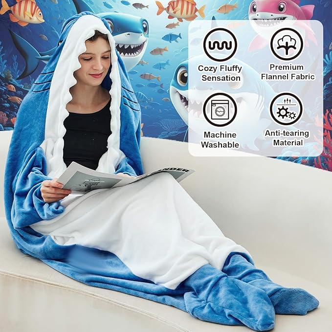 Autumn-Winter Cartoon Shark Flannel Sleeping Bag – Warm, Thick, One-Piece for Couples & Adults