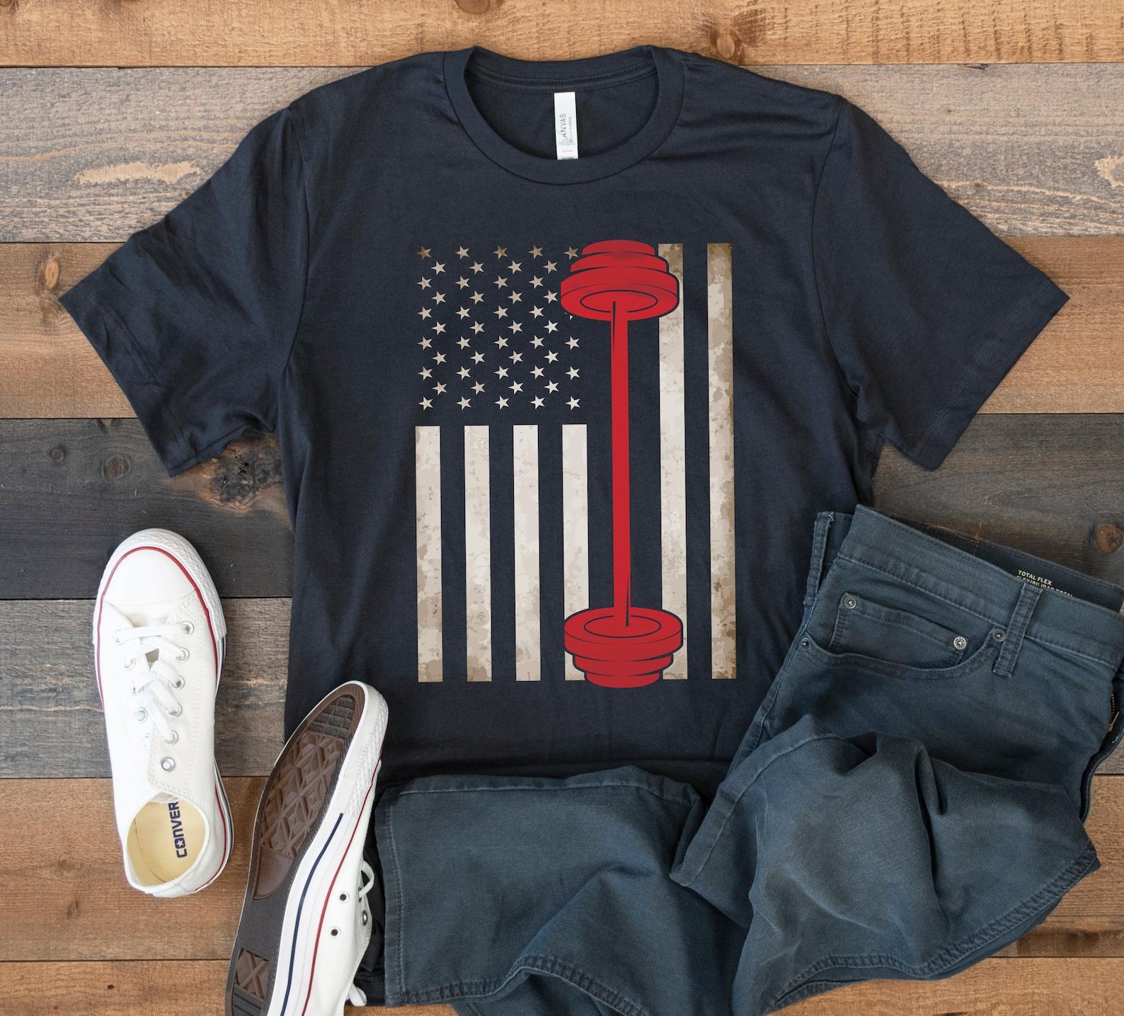 Barbell American Flag T-Shirt, Weightlifter Fitness USA Flag, Gym Tee, Tank Top, T-shirt, T-shirt,T-shirt, Kids Tee Apparel Gift 4XL