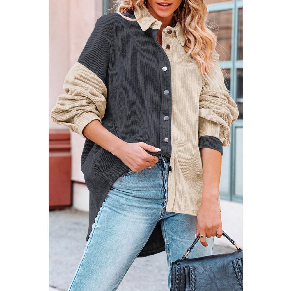 Women's Loose Casual Color Blocked Lapel Button Long Sleeved Shirt Top Long Sleeved Shirt