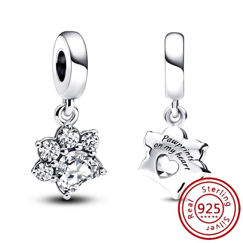 925 Sterling copper Cute Animals Dog Paw Print Pendant Love Heart Beads Fit Original Pantaro Charms Bracelet DIY Zircon Making