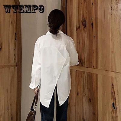 Blusa branca de comprimento médio, camisa de verão e outono, estilo coreano, camisa de manga comprida, blusa feminina
