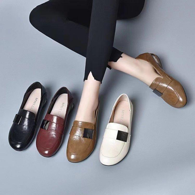 Soft Leather Fashion Thick-heeled Square Toe Loafers Lazy All-match British Style Spring and Autumn Single Shoes Women