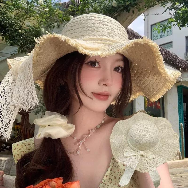 Straw hat ins lace-up hollow straw hat women's summer travel sun protection beach seaside sun hat lace edge sun hat