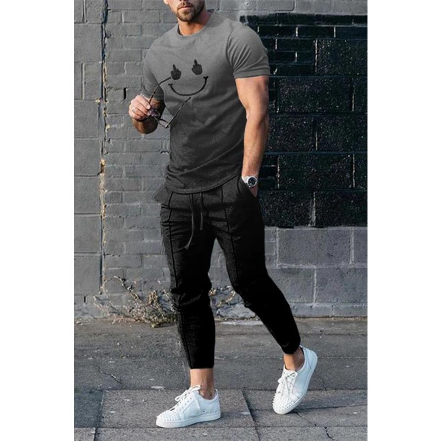 Pánské kalhoty s vtipným úsměvem, tepláková souprava, 2dílná sada, tričko s krátkým rukávem a dlouhé kalhoty, outfity, ležérní obleky, pánské oblečení