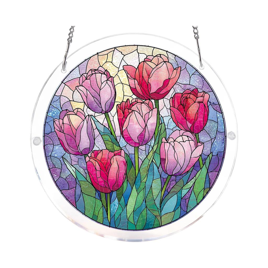 Acrylic Suncatcher Window Hanging Ornament Floral Design Round Shape Decorative Art Panel with Chain for Indoor Use