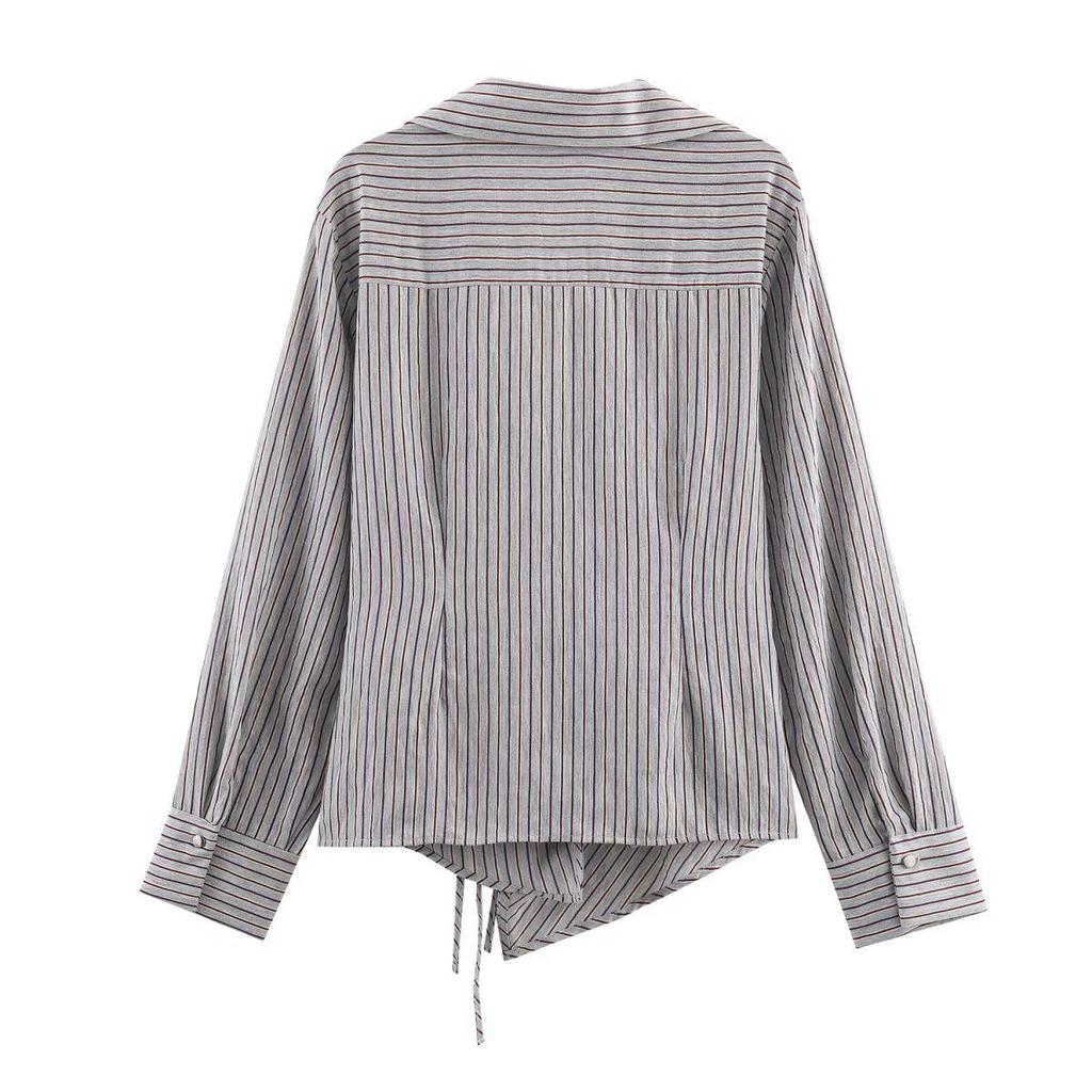 2025 Autumn Women's Slimming Double-breasted Striped Bow Shirt