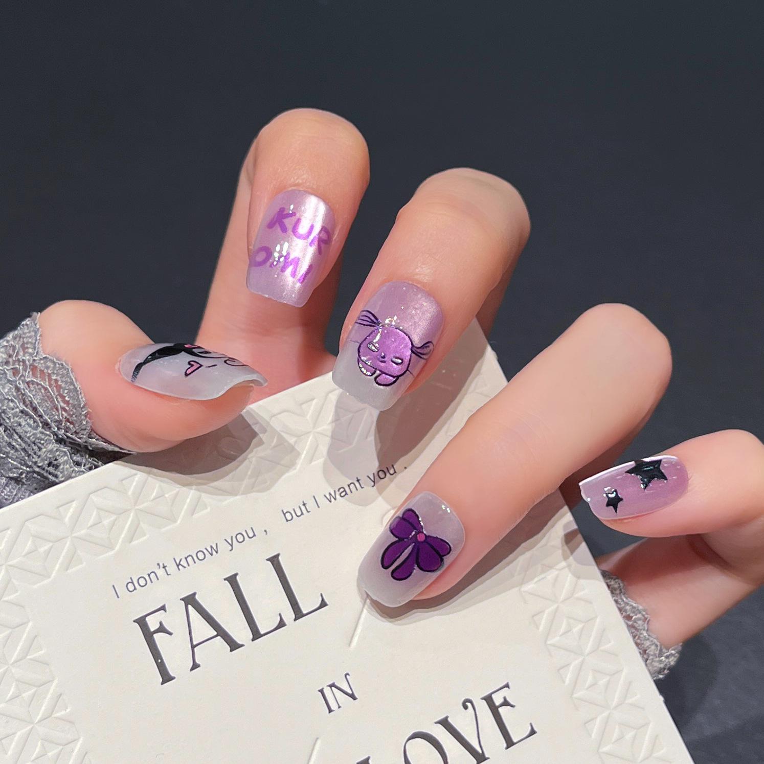 Cute Purple Cat Eye Cartoon Press-on Nails - Removable Short Nail Art Stickers Bagged XS