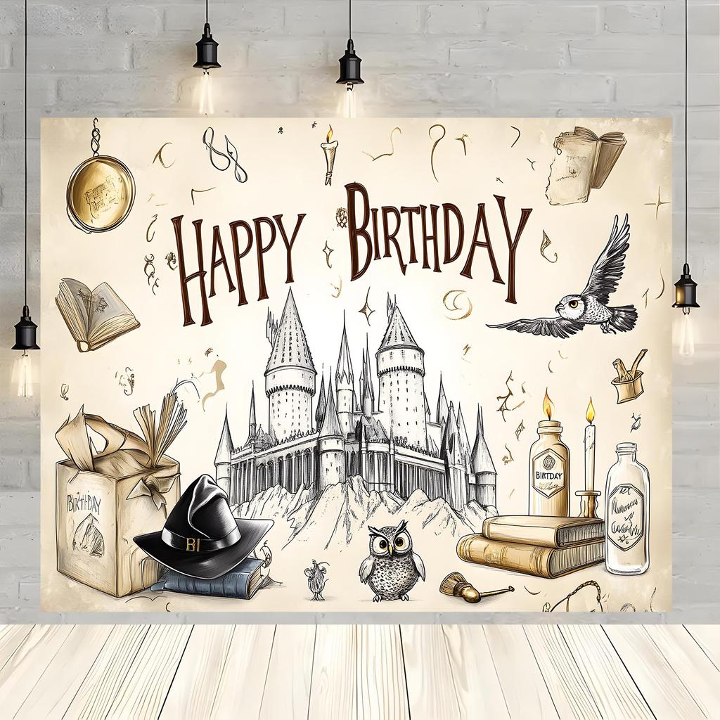 1 pièce de bannière de fête impression plate 2D Anniversaire Joyeux Fond Sorcier Bannière Murale Fournitures de Fête Décoration Murale Bannière de Festival