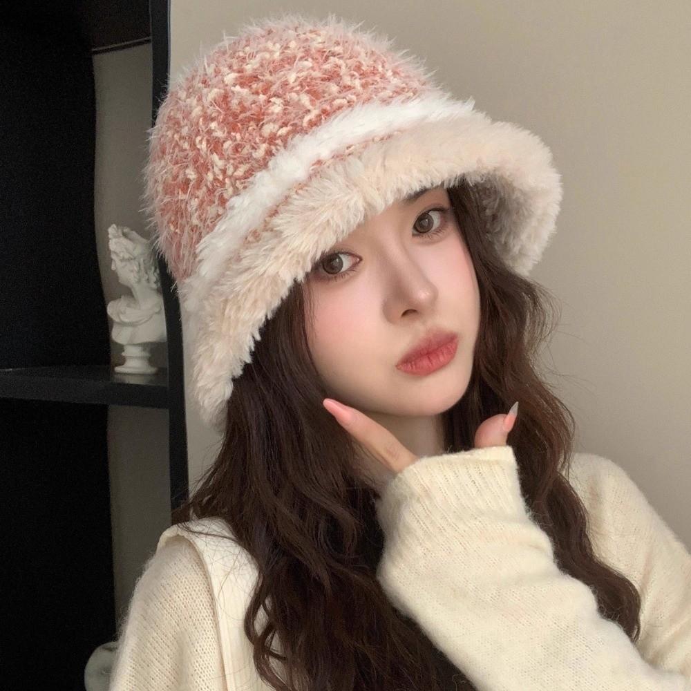 Polyester Fuzzy Fleece Bucket Hat 55cm To 59cm Head Circumference Cold Proof Basin Hat For Women