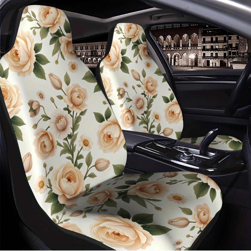 2 Stück Vintage Blumen-Autositzbezüge - Beige & Grünes Blumenmuster, Maschinenwaschbar, Strapazierfähiges Polyester, Passend für Alle Fahrzeuge, P
