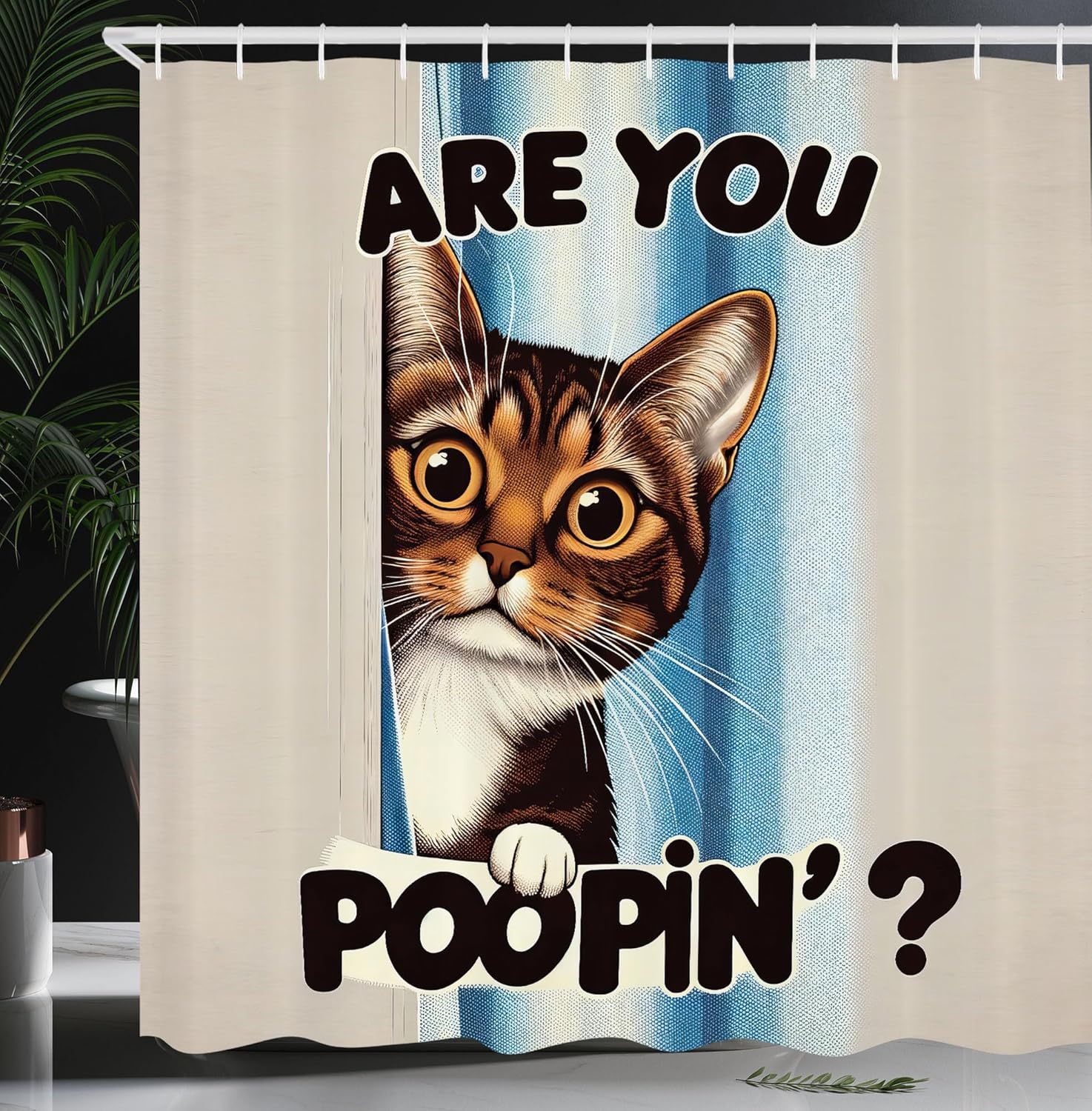

Vintage Cat Shower Curtain - Funny Are You Poopin Brown Kitten Design 180X180Cm, Blue & Chocolate Bathroom Decor With Hooks W60H190(CM)-1 Pcs