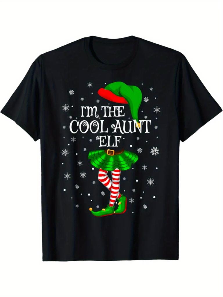 Women'S I'm The Cool Aunt Elf Christmas T-Shirt 100% Short Sleeve Round Neck Casual Top with Elf & Snowflake Print, Funny Holiday Family Matching Ou
