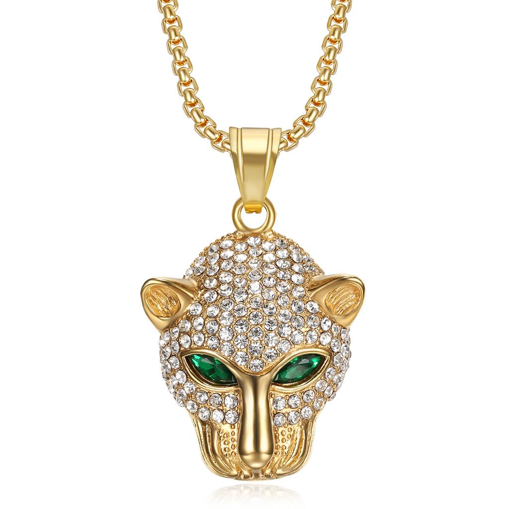 2026 Jewelry Inlaid with Zircon Men's Exquisite Jewelry Necklace Green Red Eyes Leopard Head Pendant Trendy Brand Jewelry Men's and Women's Necklace