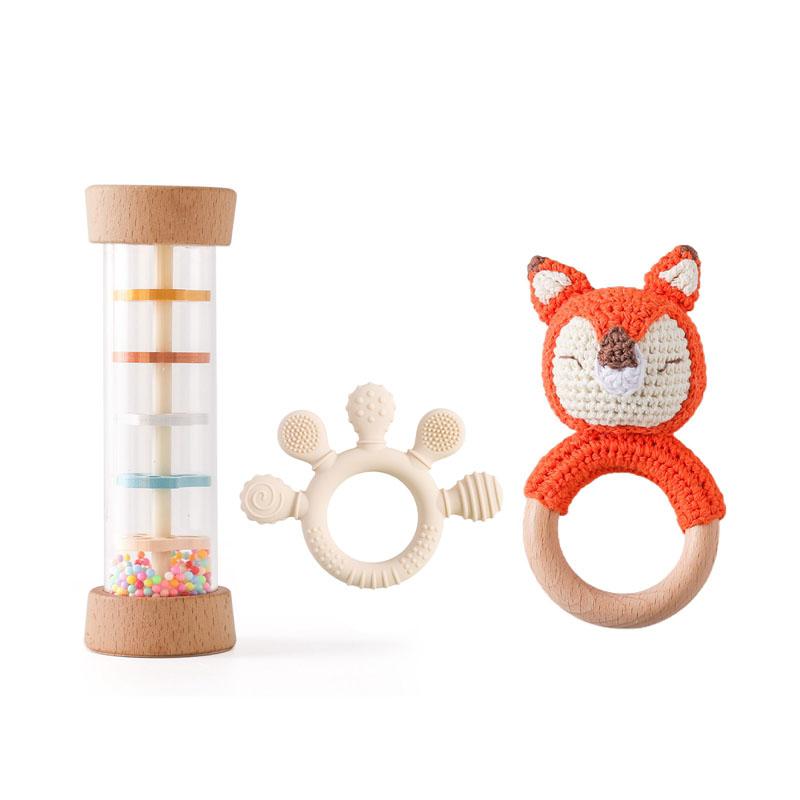 3pcs Rain Stick Rainbow Hourglass Rattle Toys Set BPA Free Silicone Soothing Toys Crochet Animal Wooden Bracelet Teether Toys