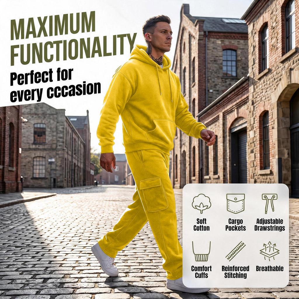 Men's 2-Piece Outfit Set, Hooded Sweatshirt and Cargo Straight Leg Pants, Casual Streetwear