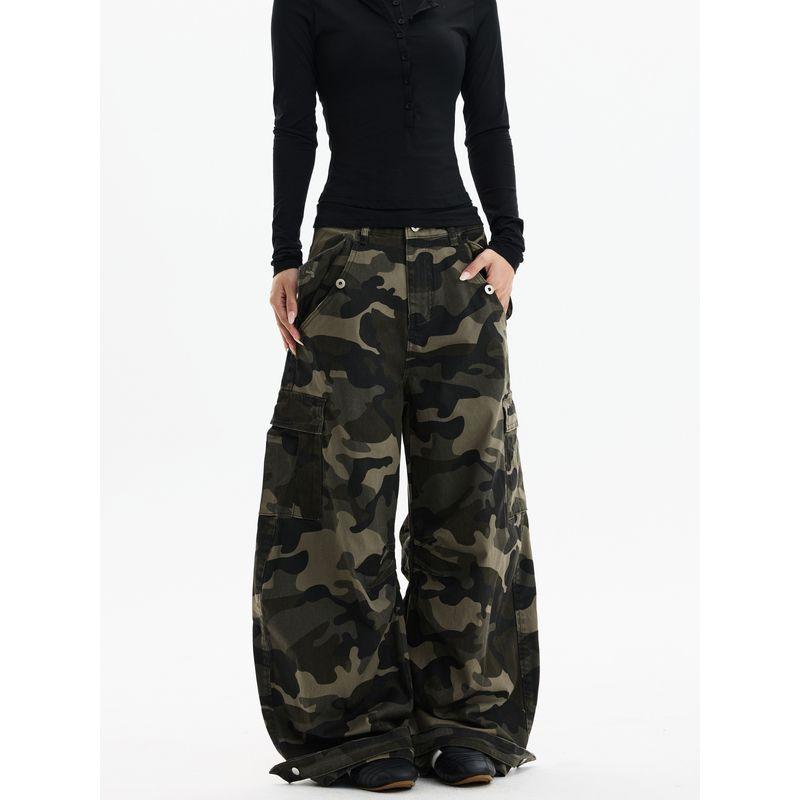 Kisko American-Style Washed Vintage Camouflage Multi-Pocket Cargo Pants Unisex Trendy Loose Straight-Leg Casual Knife-Cut Pants