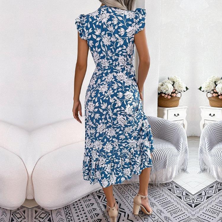 Summer Women Floral High Waist Sleeveless V Neck Holiday Dress Wood Ear Edge Design