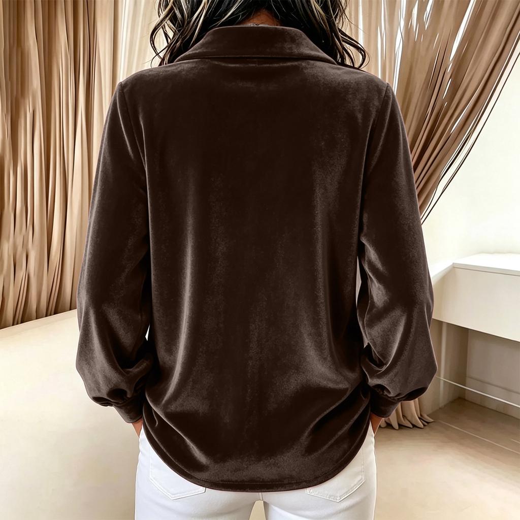 Women's Color V-Neck Long Sleeve Loose Pullover Top with Lapel Collar