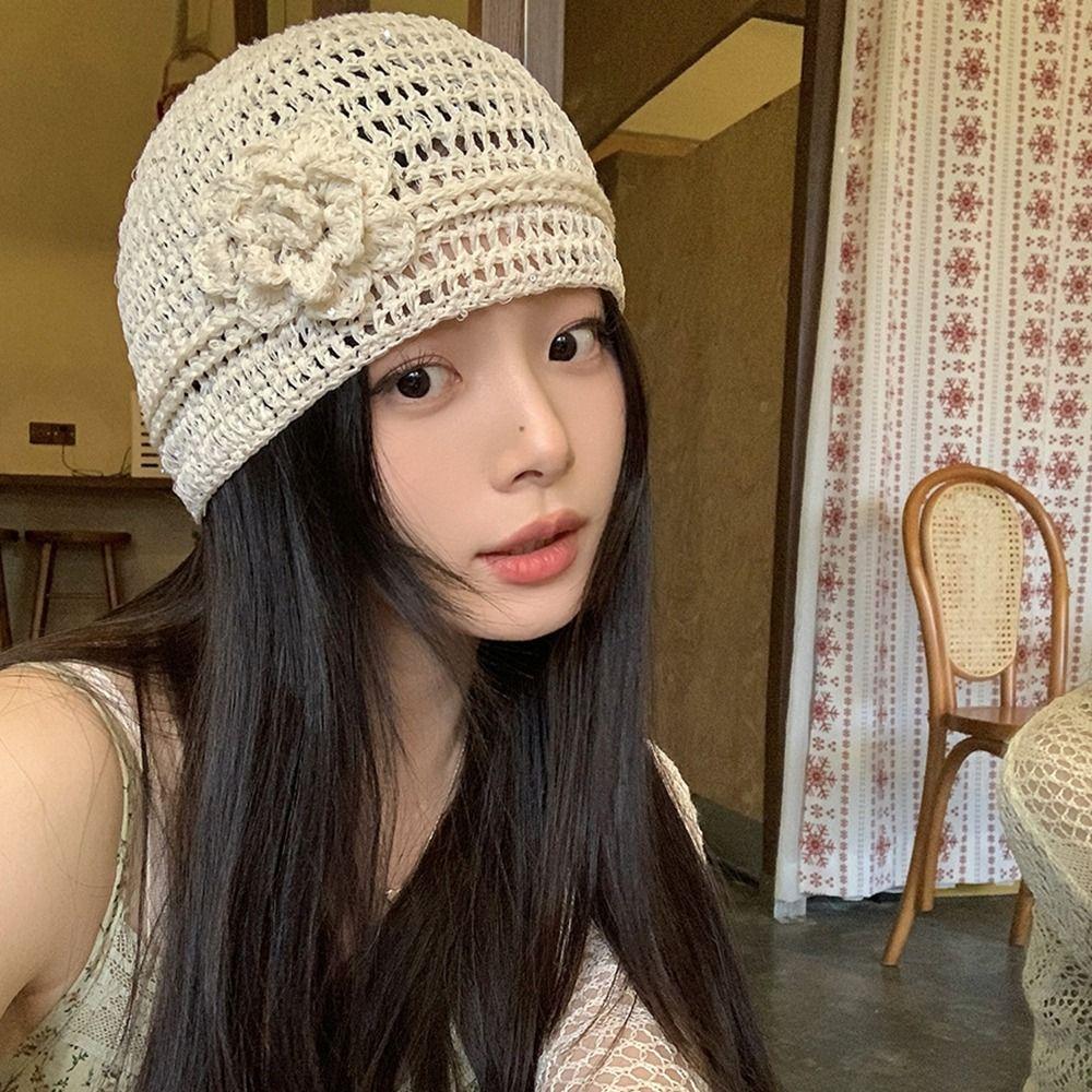 Hollow Crochet Flower Hat Glitter Weave Cap Casual Sequin Knitted Hat  Apparel Accessories